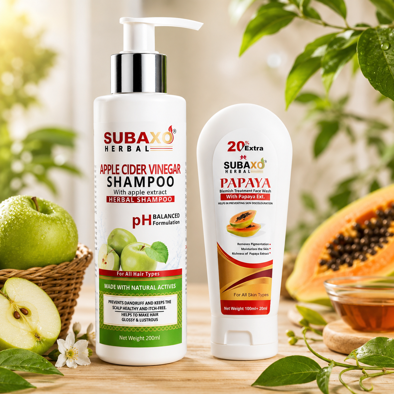 SUBAXO Apple Cider Vinegar Shampoo(200 ml) and Papaya Herbal Face Wash(120 ml) Combo