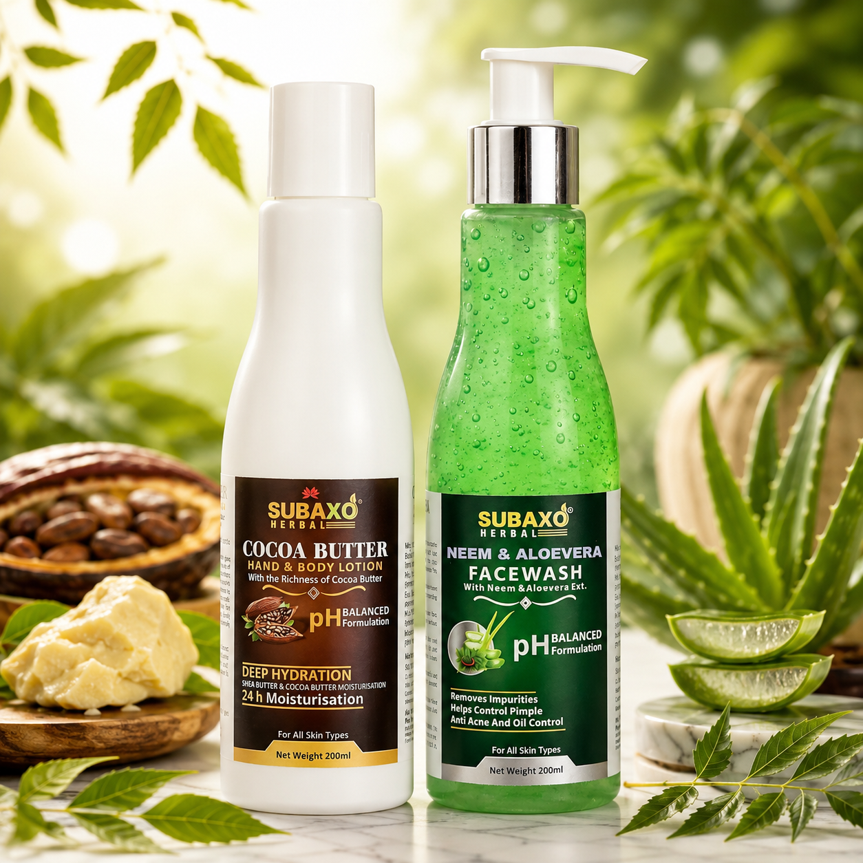 SUBAXO Cocoa Butter hand and body lotion(200ml) and Neem AloeVera Face Wash (200ml) Combo