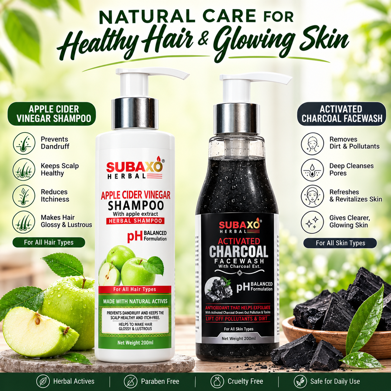 SUBAXO Apple Cider Vinegar Shampoo | Anti Dandruff Shampooo| Hair Fall Control| Herbal Shampoo|(200 ml) and Activated Charcoal Anti-Pollution Face Wash (200ml) Combo