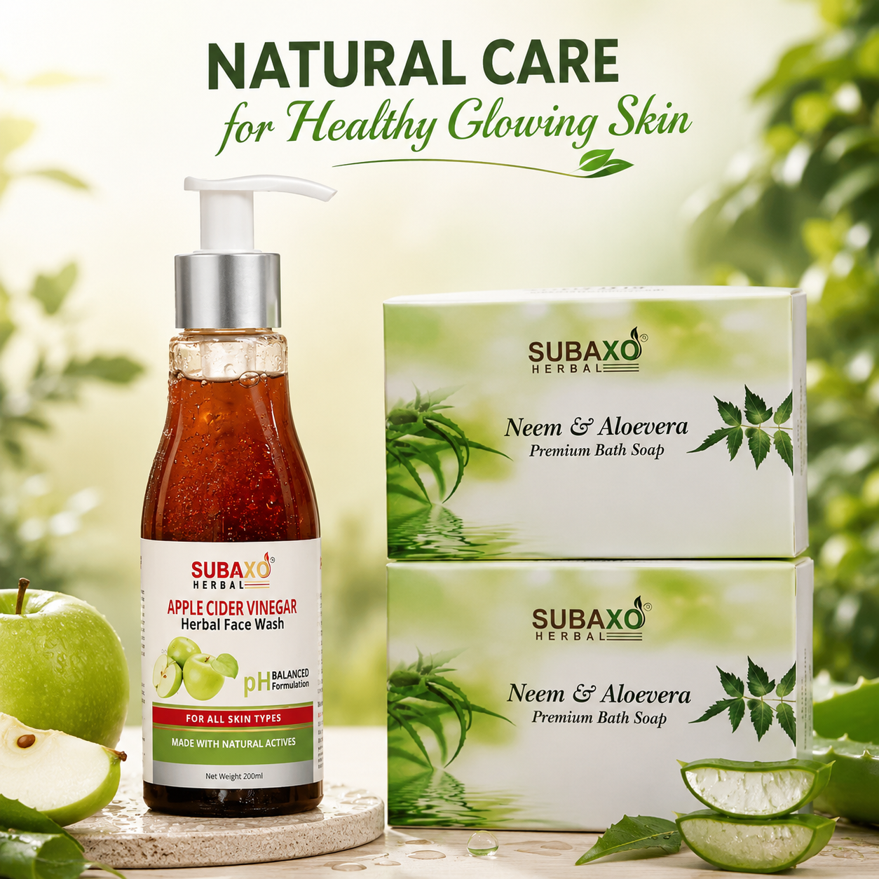 Subaxo Neem & Aloevera Bath Soap (75 g Each, Pack Of 2) & Apple Cider Vinegar Deep Cleansing Skin Glowing Face Wash(200ml)