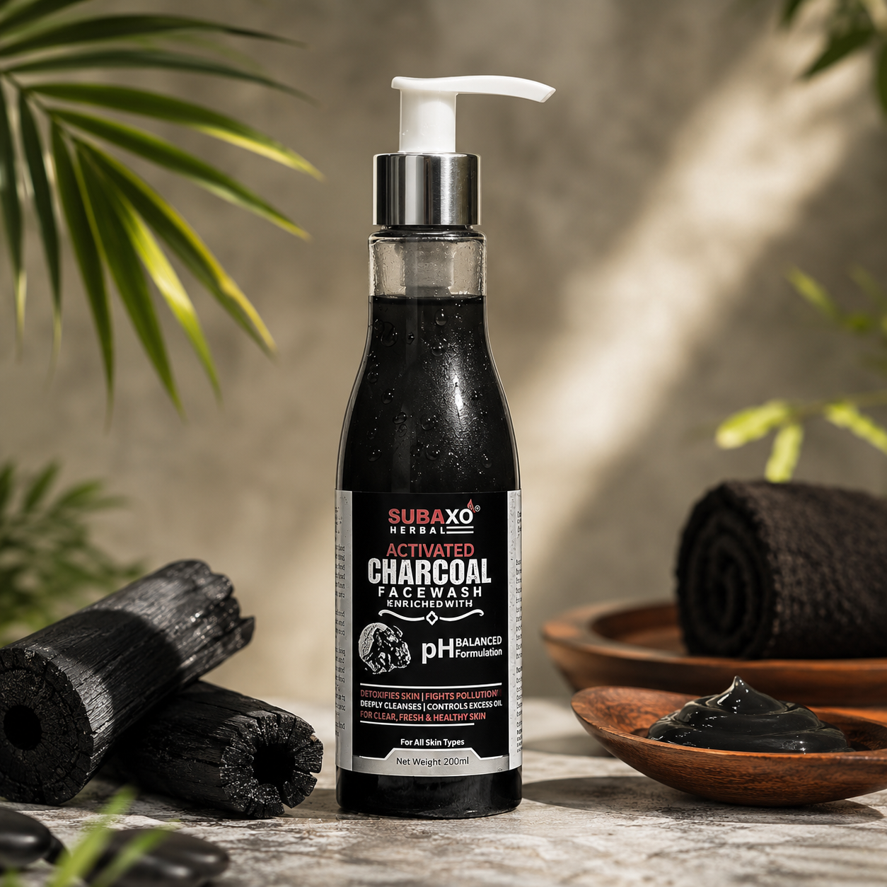 Subaxo Herbal Activated Charcoal Face Wash,Removes Dirt & Impurities, Skin Brightening Herbal Face Wash for Women & Men (200ml)