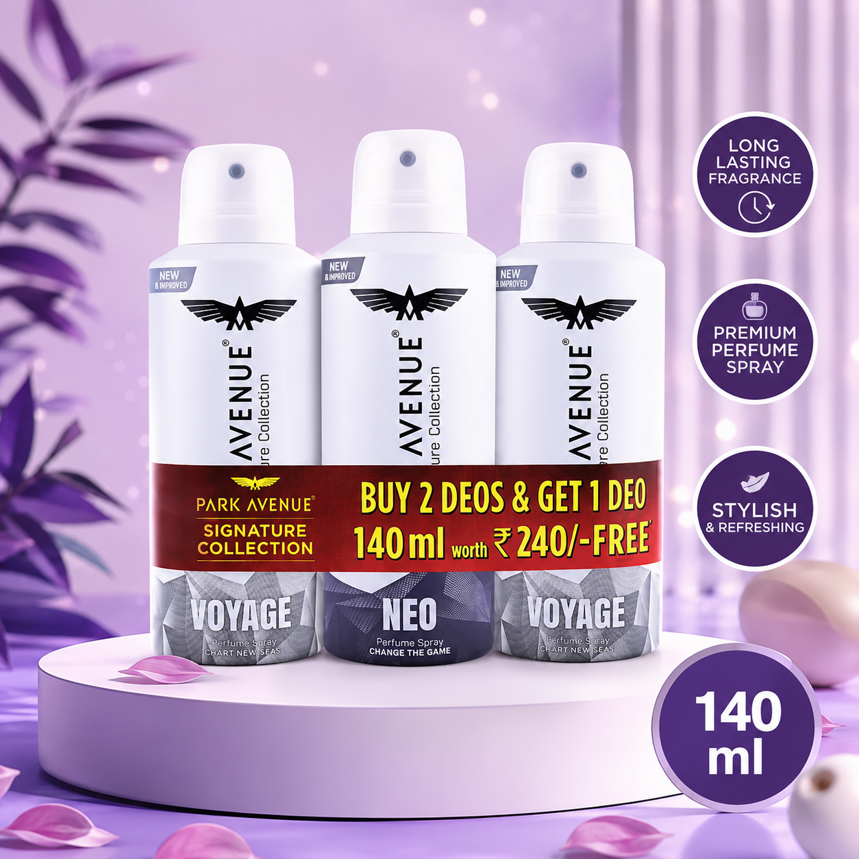 Park Avenue 2 Voyage and 1 Neo Deodorant for Men (140ml *3)