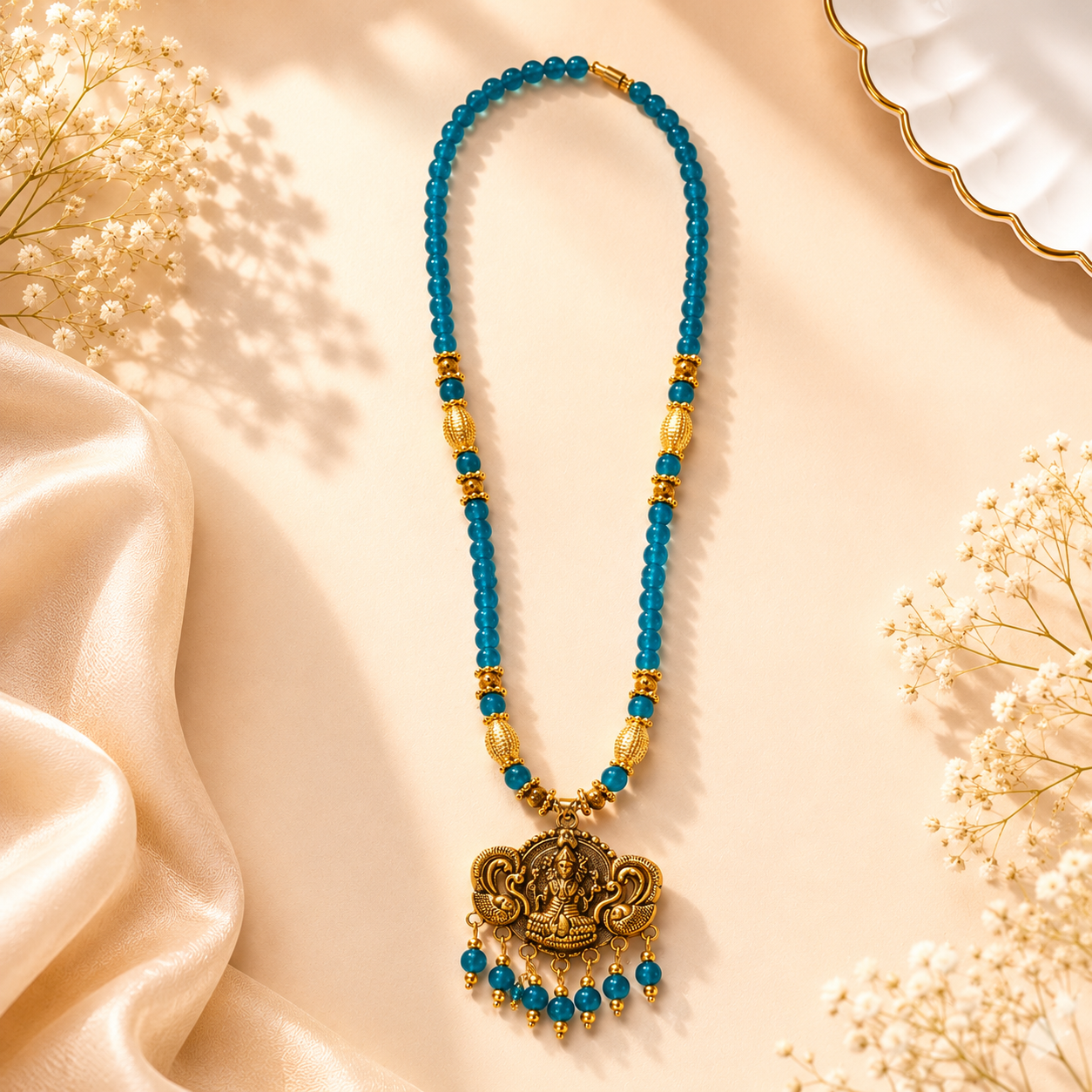 Designer Glass Beads Mala with Lakshmi Pendant