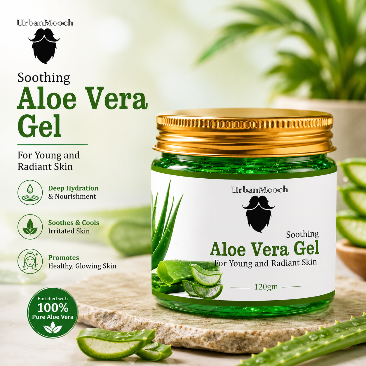UrbanMooch Aloe Vera Gel Green Pure Natural Gel - Ideal For Skin, Face, Acne Scars, Hair Care, Moisturizer & Dark Circles(100Gm)