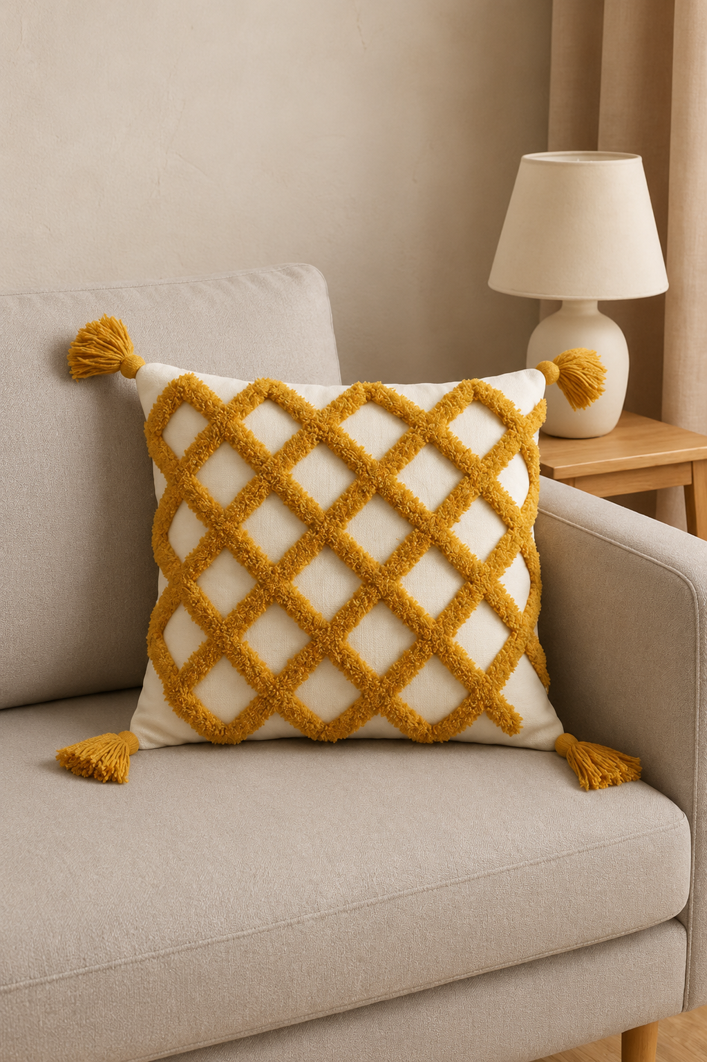 Tufted Cotton Cushion Cover 16x16 Inches Set Of 2 – Yellow | Soft Decorative Sofa Pillow Cover with Hidden Zipper