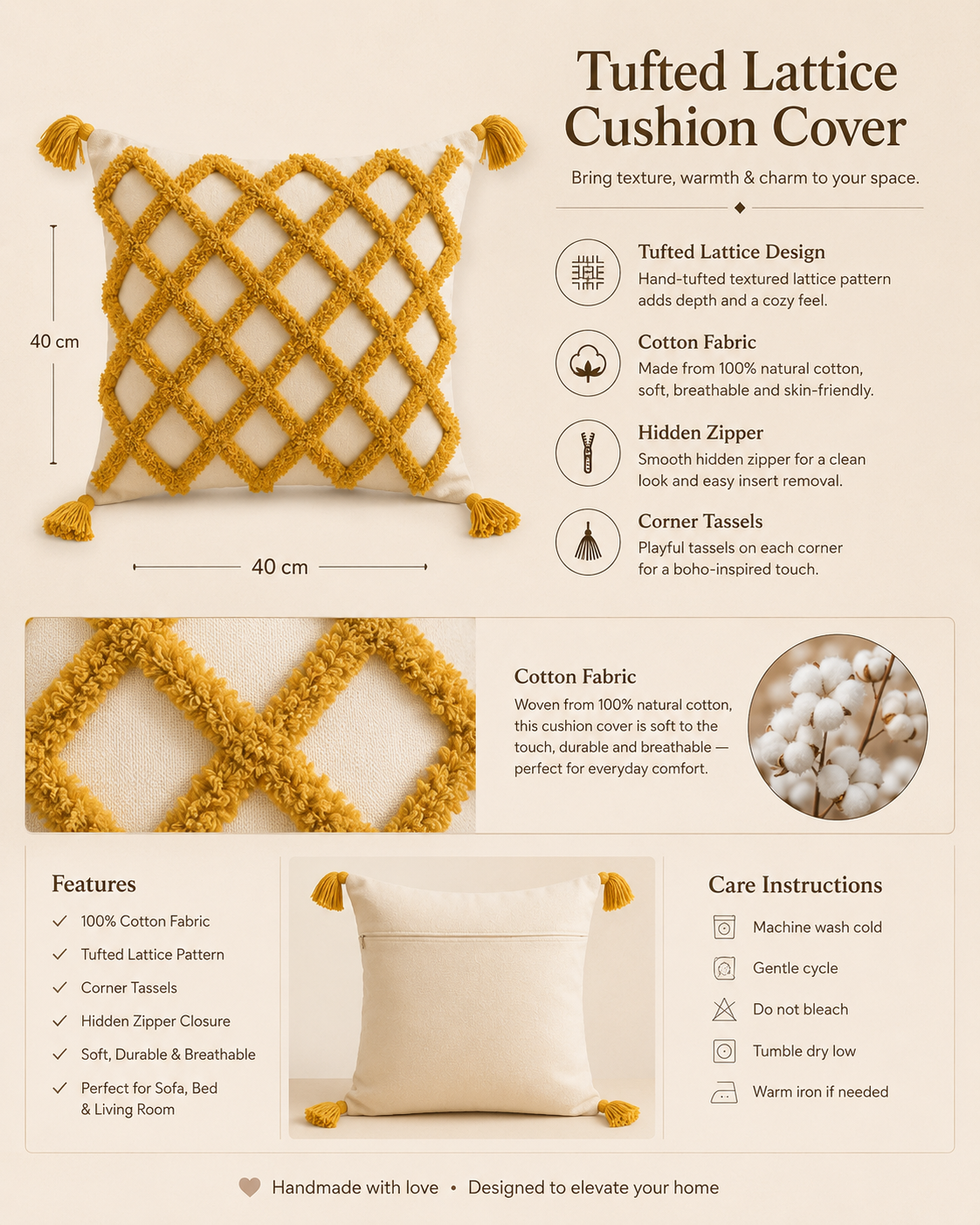 Tufted Cotton Cushion Cover 16x16 Inches Set Of 2 – Yellow | Soft Decorative Sofa Pillow Cover with Hidden Zipper