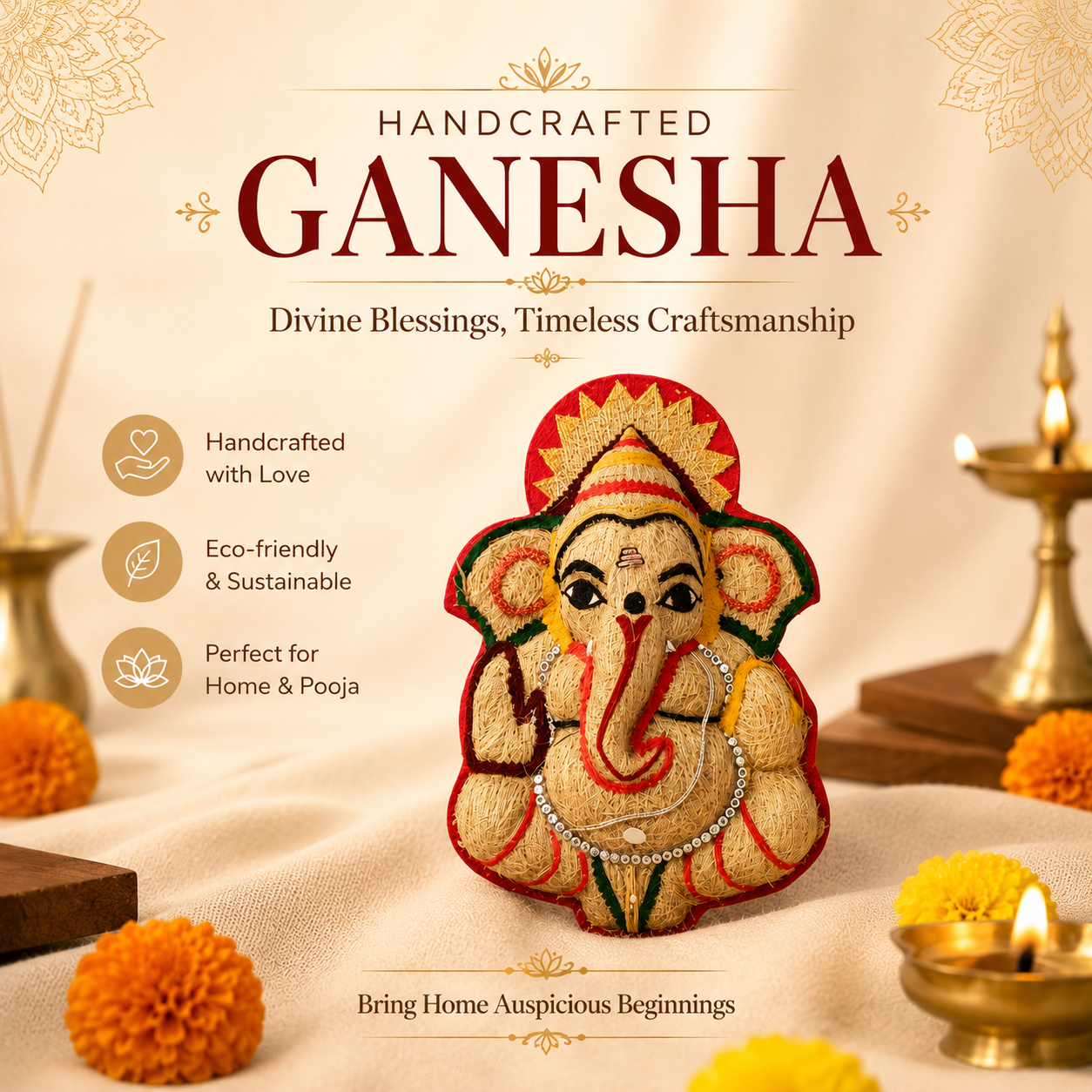 Ottiveru Ganapati Handmade Ganesha Wall Hanging Idol for Pooja and Gifting