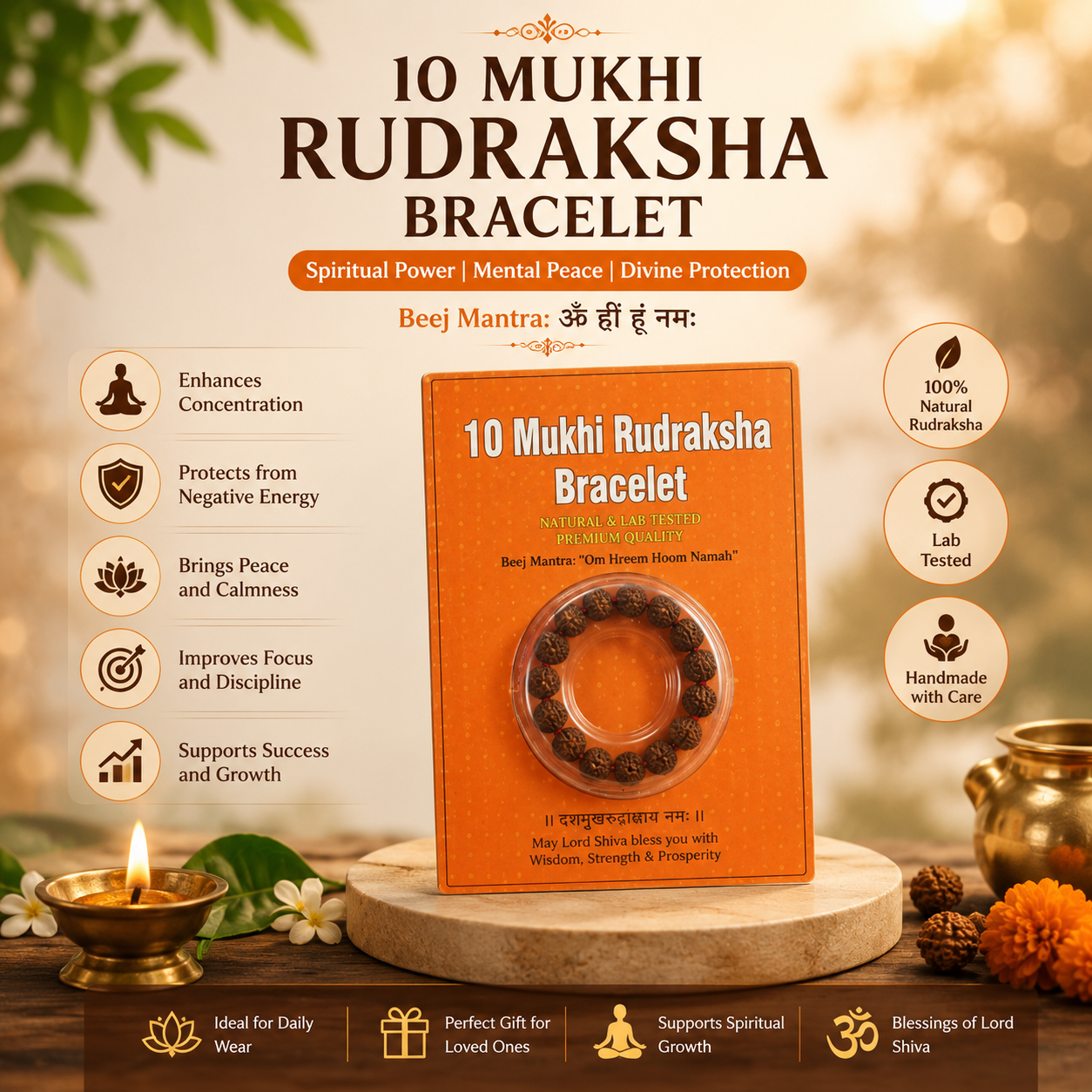 10 Mukhi Rudraksha Bracelet – Sacred Vishnu Bead Spiritual Protection Wrist Mala