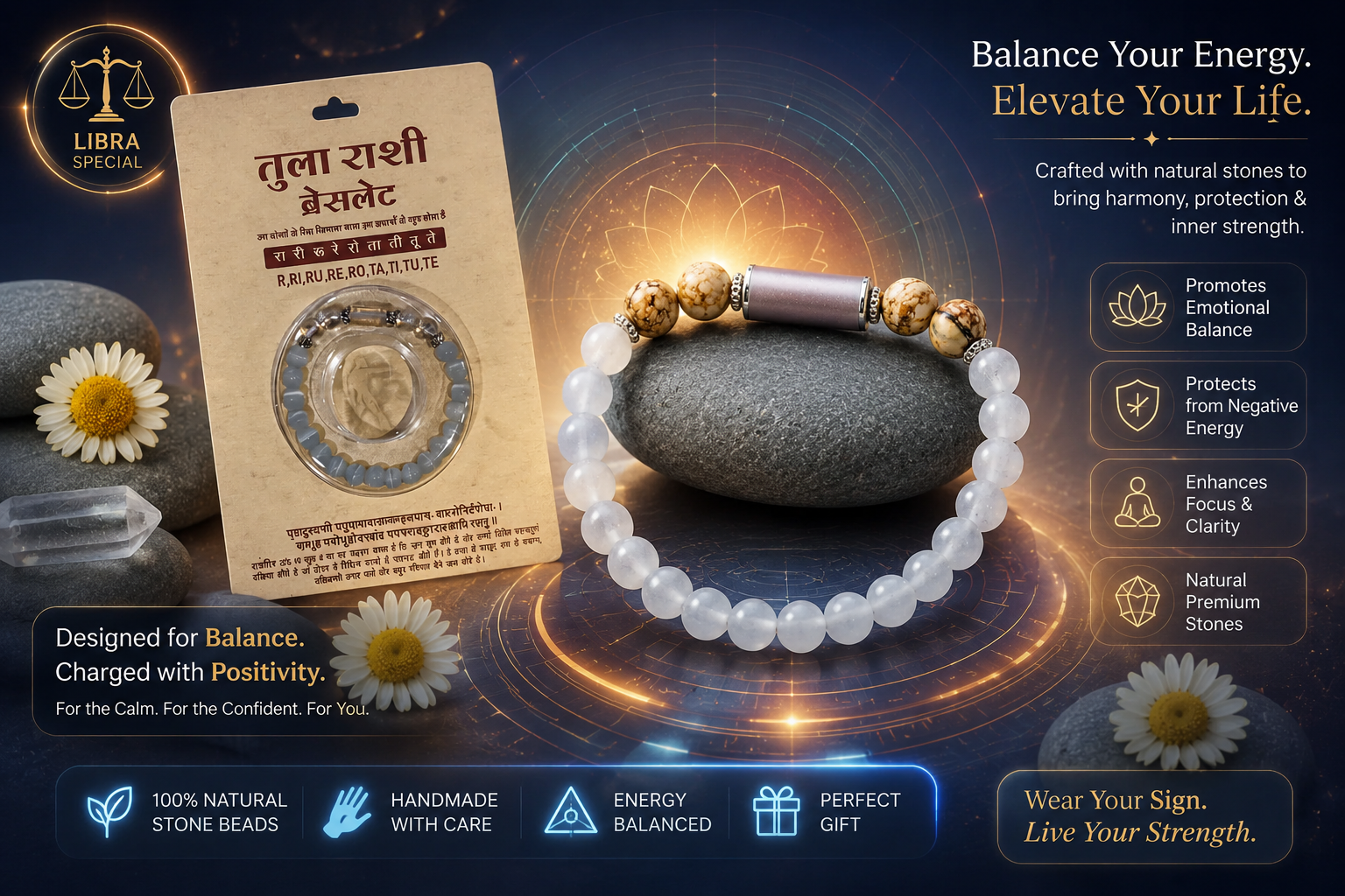 Libra Rashi Bracelet (Tula Rashi-తులా రాశి)– Semi Precious Gemstone Beaded Bracelet for Energy, Strength & Positivity