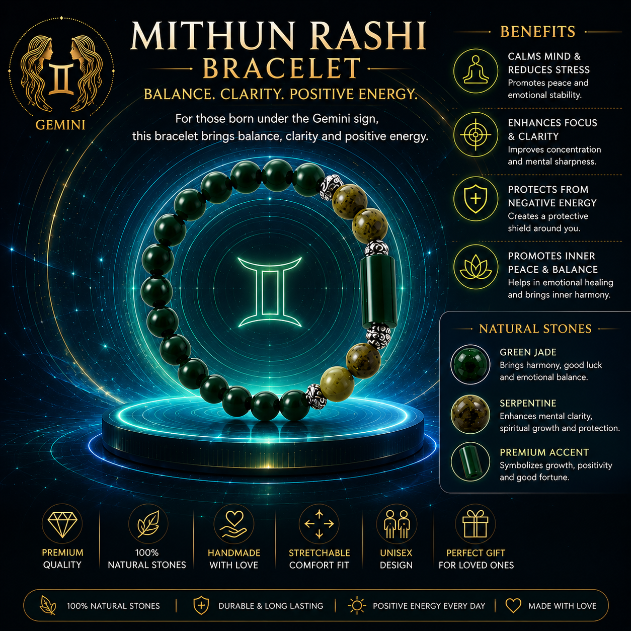 Gemini Rashi Bracelet (Mithuna Rashi-మిథున రాశి)– Semi Precious Gemstone Beaded Bracelet for Energy, Strength & Positivity