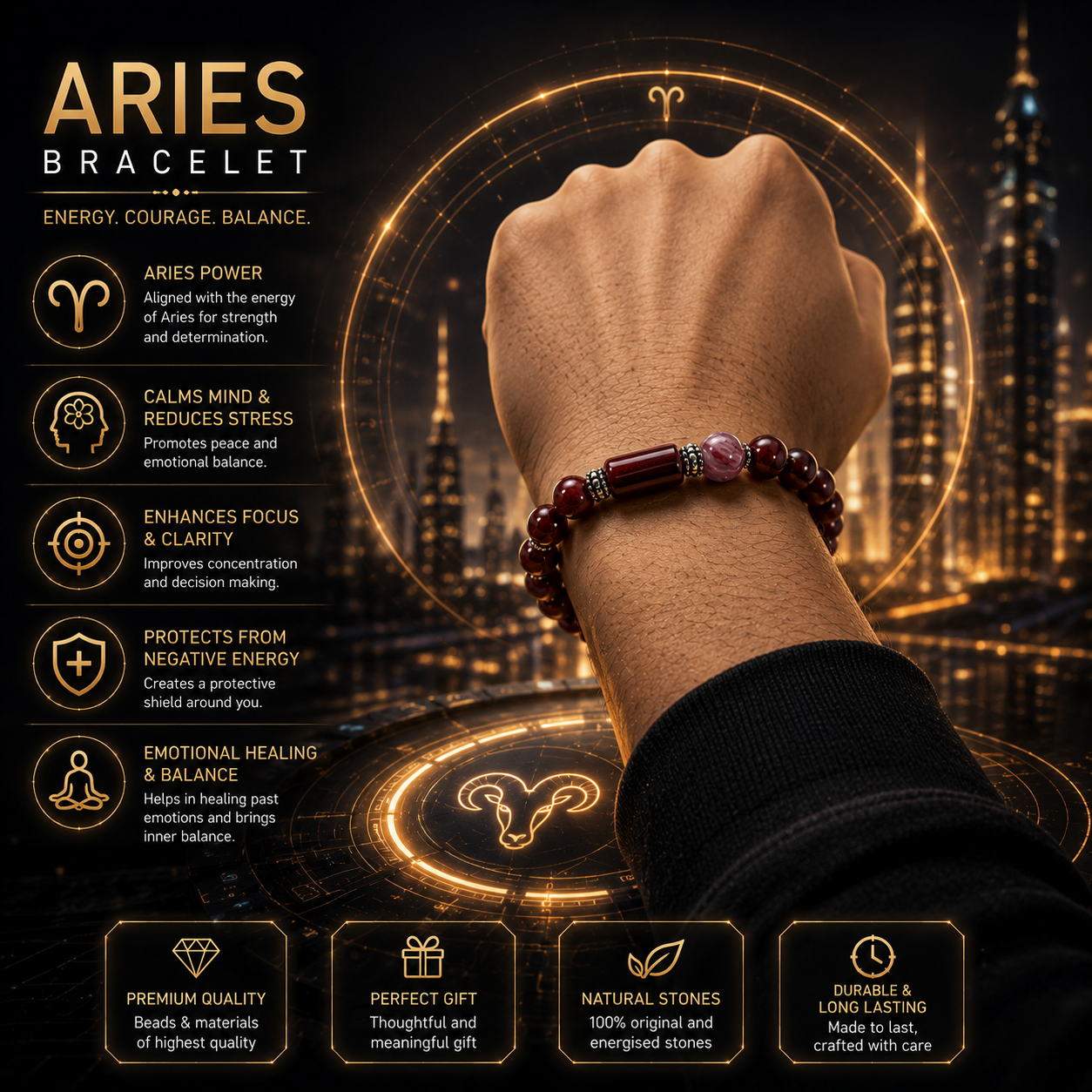 Aries Rashi Bracelet (Mesh Rashi-మేష రాశి) – Semi Precious Gemstone Beaded Bracelet for Energy, Strength & Positivity