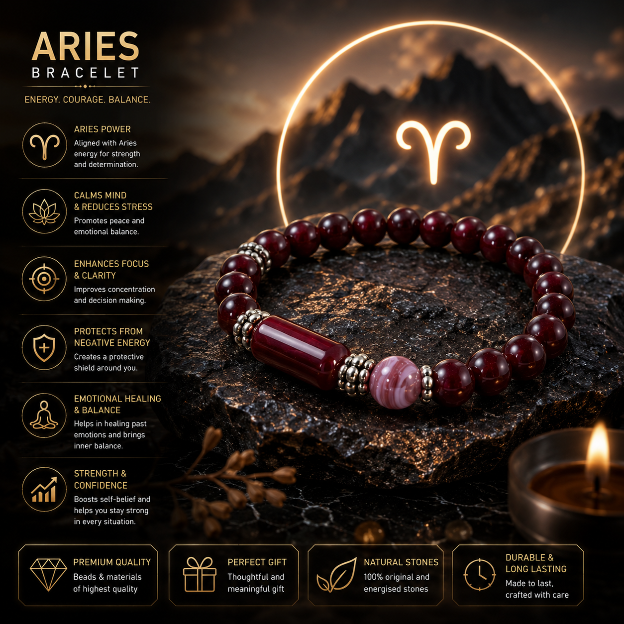 Aries Rashi Bracelet (Mesh Rashi-మేష రాశి) – Semi Precious Gemstone Beaded Bracelet for Energy, Strength & Positivity