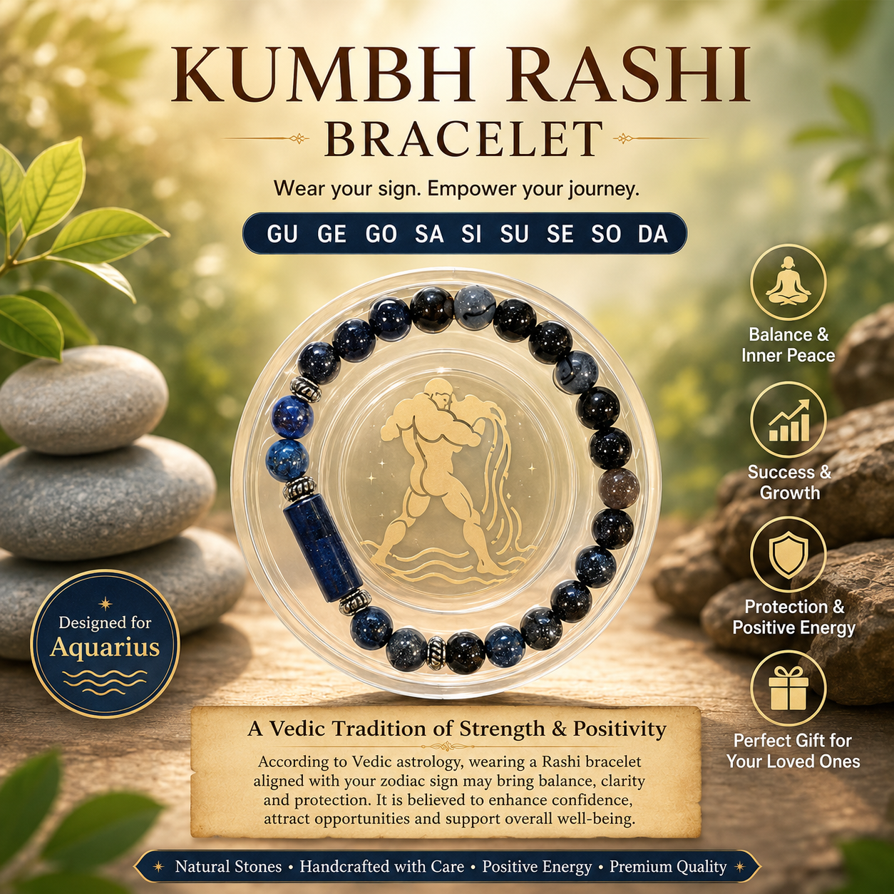Aquarius Rashi Bracelet (Kumbh Rashi-కుంభ రాశి)– Semi Precious Gemstone Beaded Bracelet for Energy, Strength & Positivity