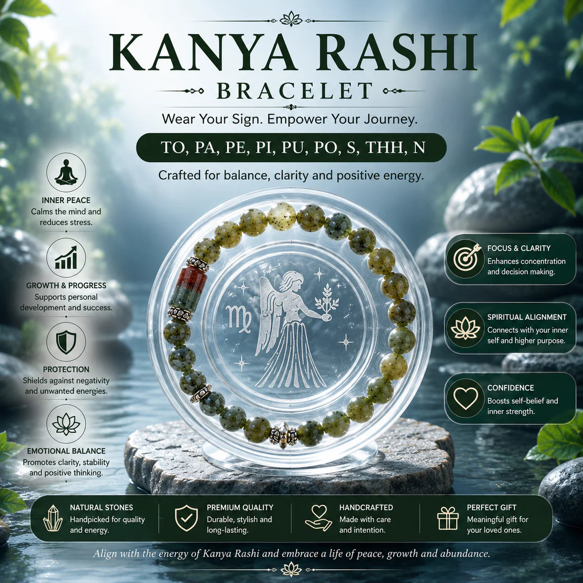 VIRGO RASHI BRACELET (KANYA RASHI-కన్య రాశి)– Semi Precious Gemstone Beaded Bracelet for Energy, Strength & Positivity