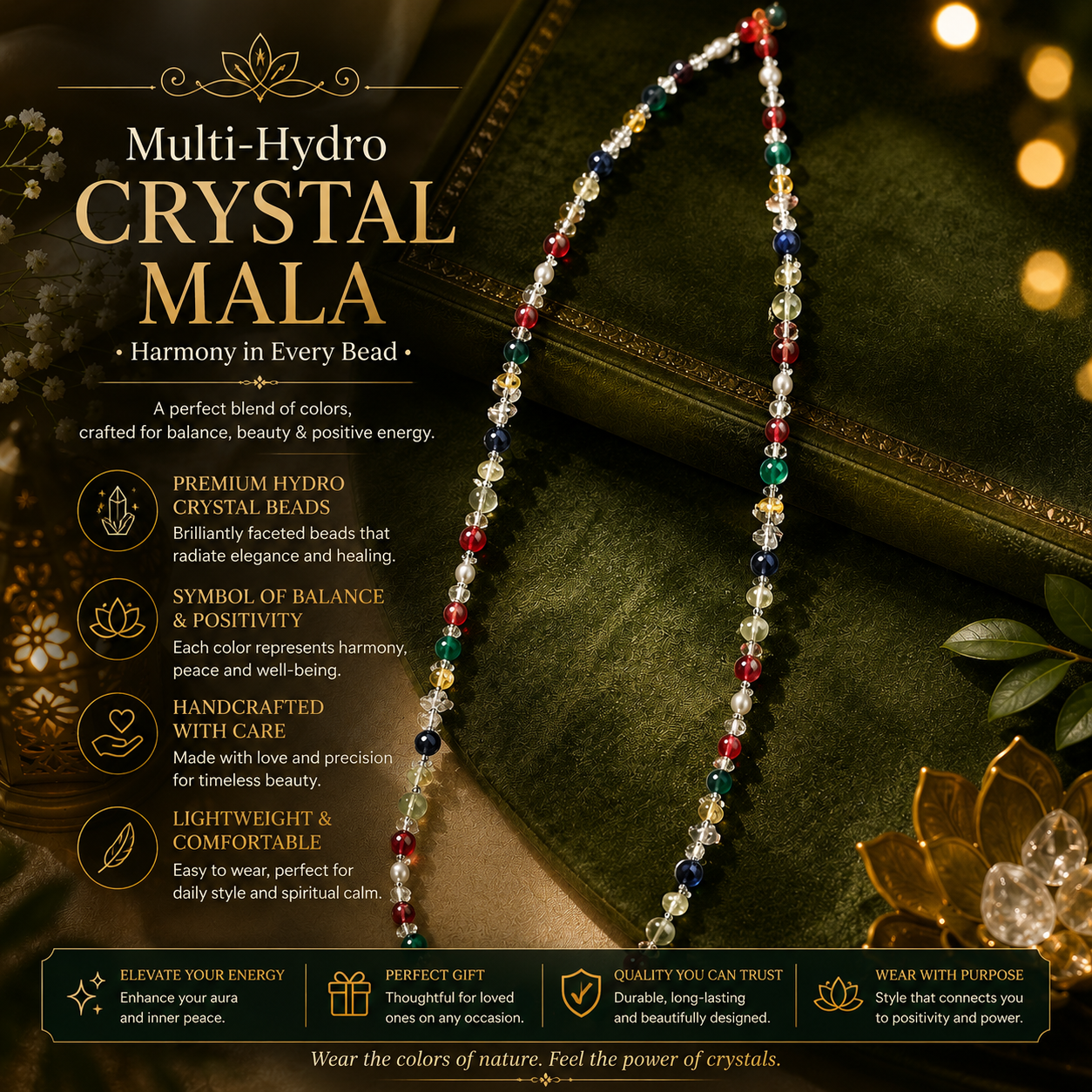 Navaratna Mala – Sacred Nine Gemstone Beaded Necklace with Traditional Gold-Tone Pendant for Astrology & Spiritual Balance