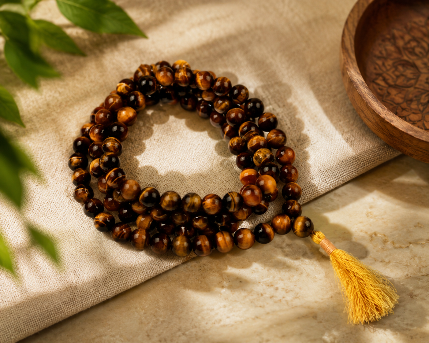 Tiger Eye Stone Mala – Natural Golden Brown Beaded Necklace for Protection, Confidence & Spiritual Balance