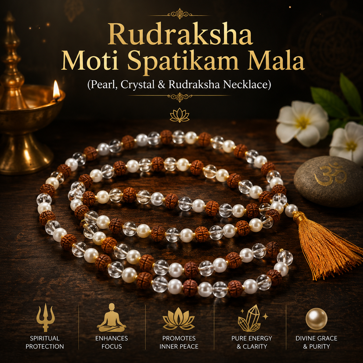 Rudraksha Moti Spatikam Mala (Pearl, Crystal & Rudraksha Necklace)