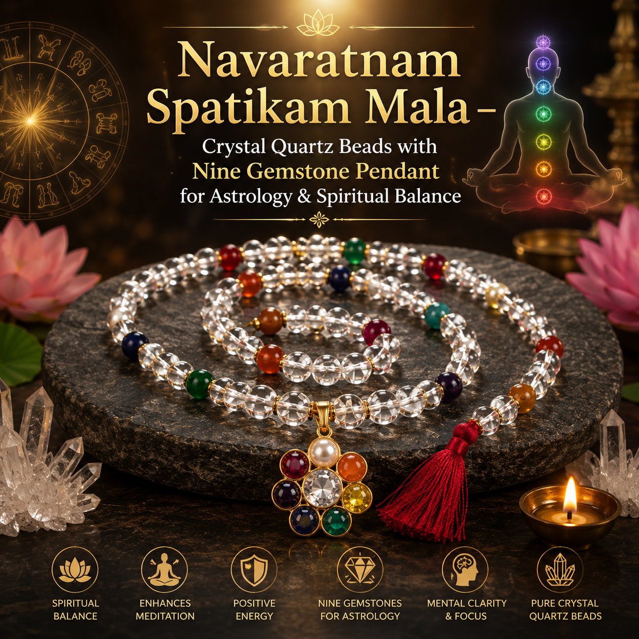 Navaratnam Spatikam Mala – Crystal Quartz Beads with Nine Gemstone Pendant for Astrology & Spiritual Balance