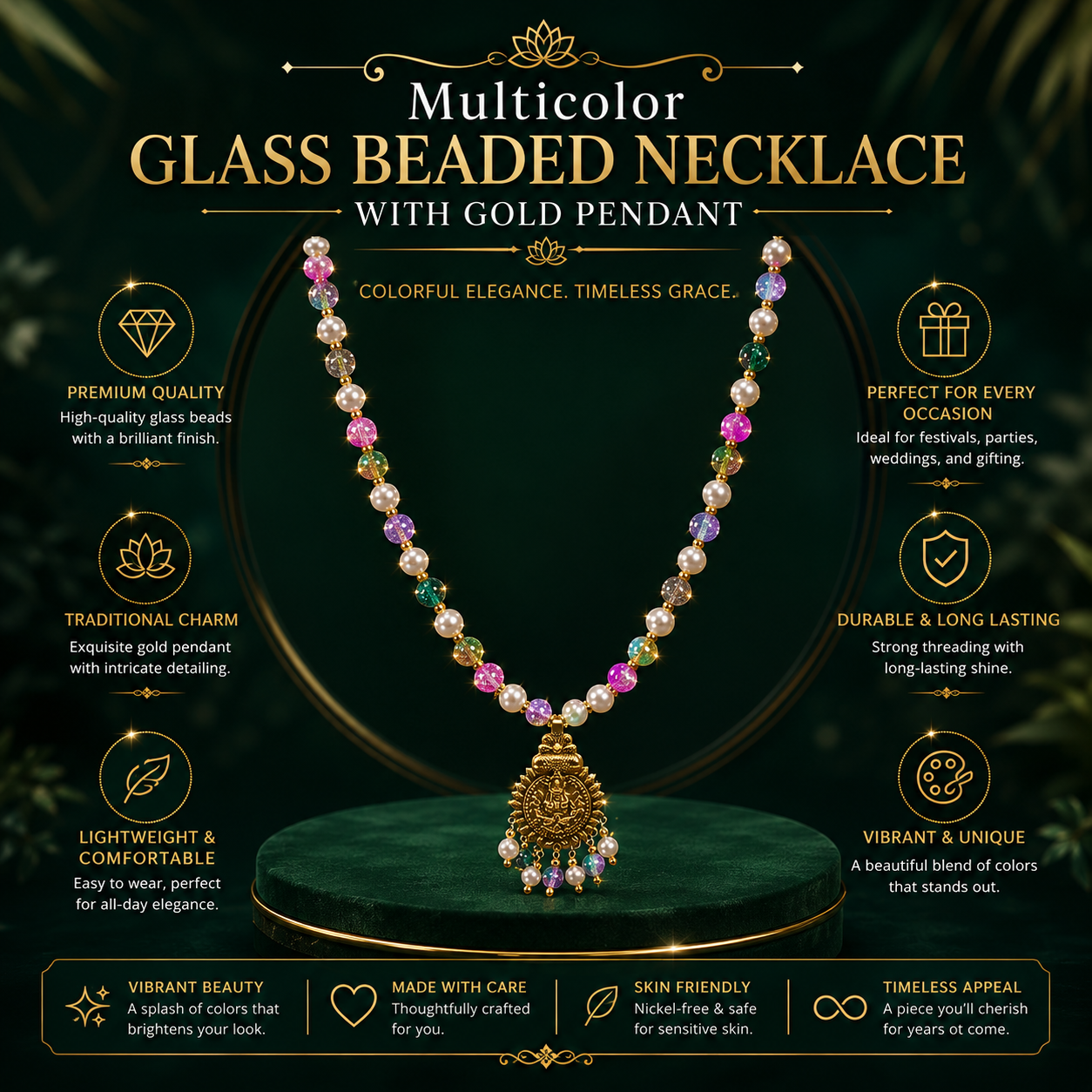 Multicolor Glass Beaded Necklace with Gold Pendant