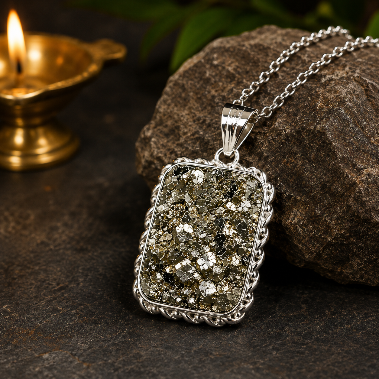 Natural Pyrite Stone Pendant – Gold-Like Crystal Energy Necklace, Raw Fool’s Gold Healing Gemstone Pendant with Elegant Metal Chain for Unisex Wear (Multi design)