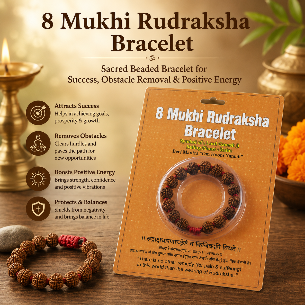 8 Mukhi Rudraksha Bracelet – Sacred Beaded Bracelet for Success, Obstacle Removal & Positive Energy