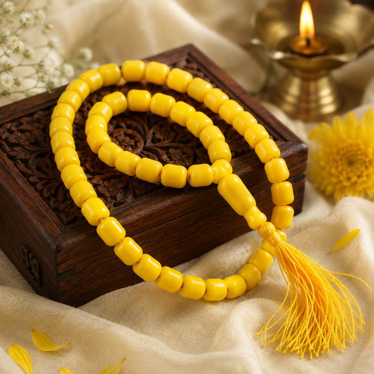 Yellow Kerwa Mala – Bright Traditional Beaded Necklace for Prayer, Meditation & Daily Wear