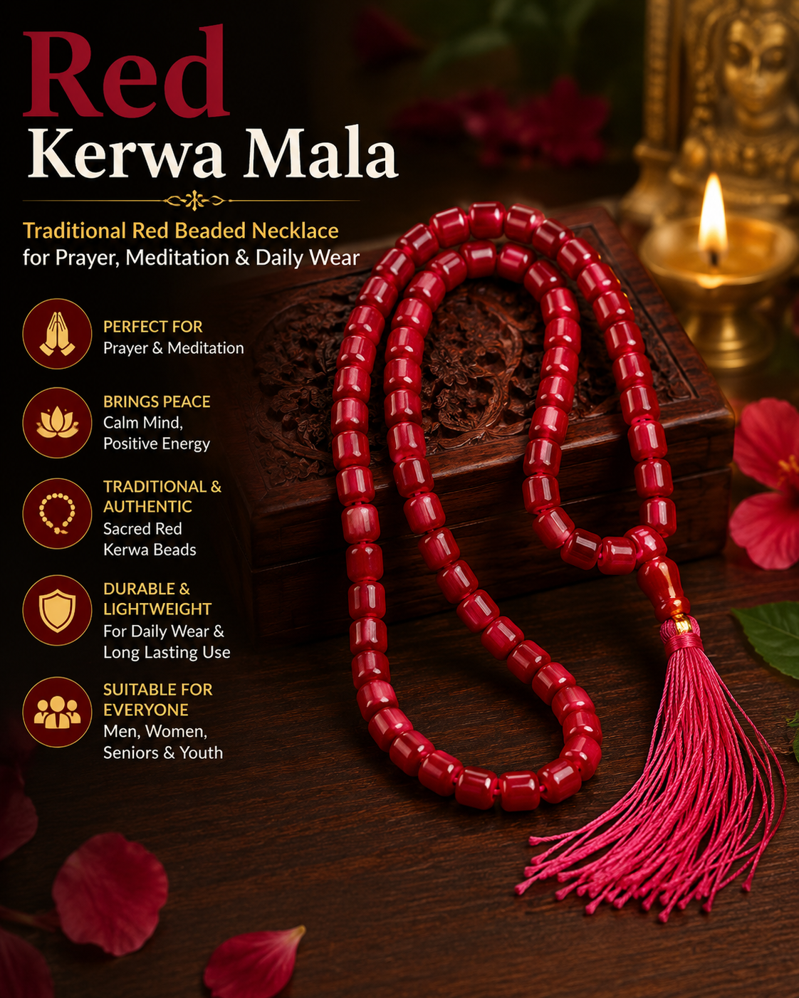 Red Kerwa Mala – Traditional Red Beaded Necklace for Prayer, Meditation & Daily Wear