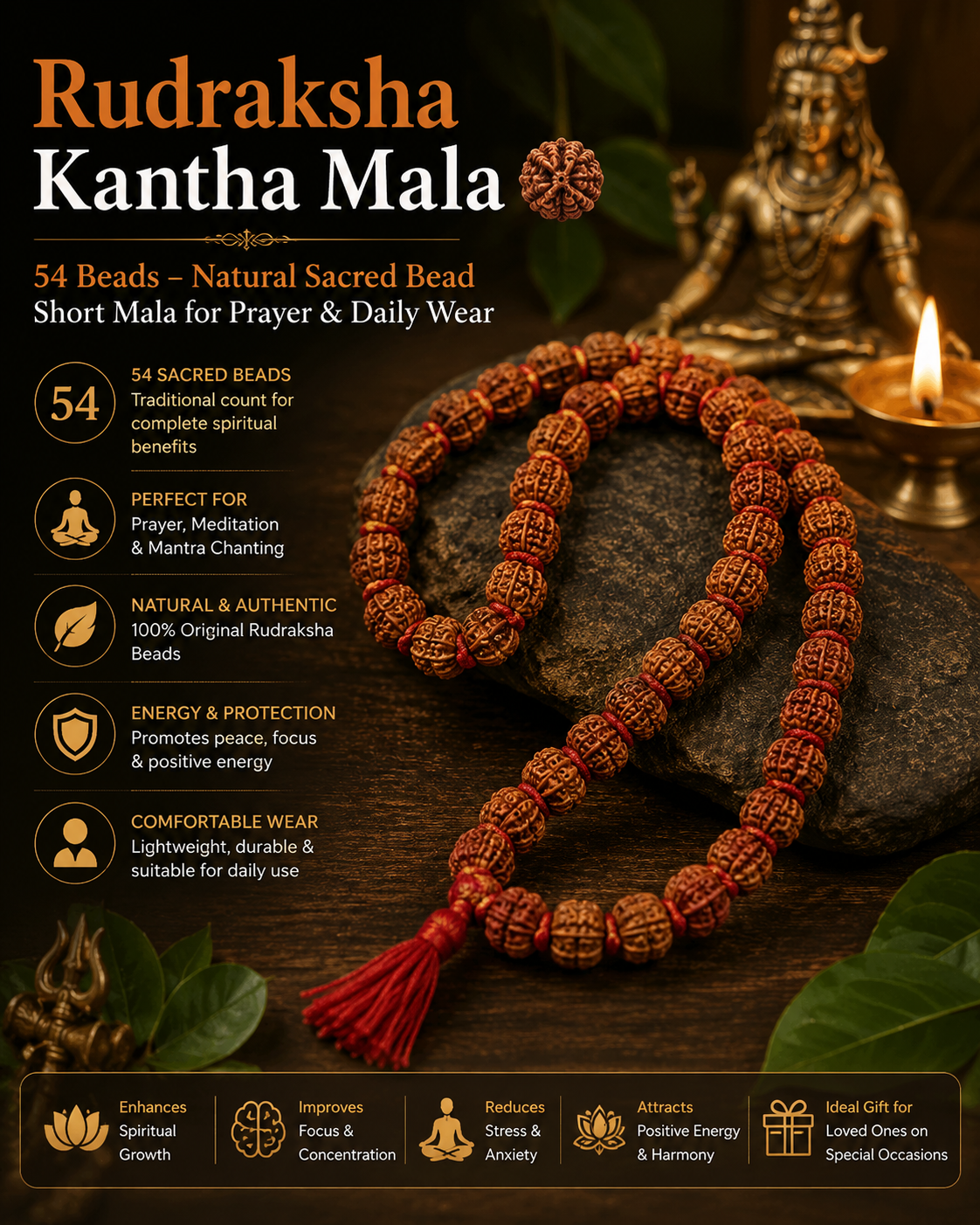 Rudraksha Kantha Mala 54 Beads – Natural Sacred Bead Short Mala for Prayer & Daily Wear