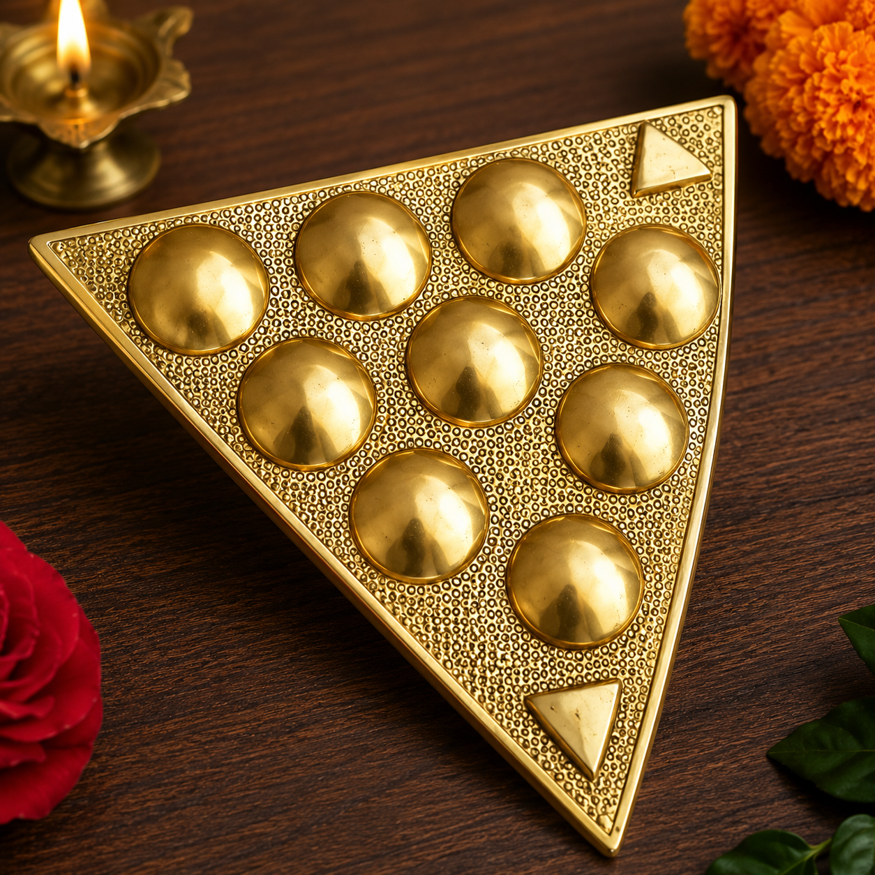 Triangular Maha Vastu Yantra with Sampoorna Navgraha Yantra – Handcrafted White Metal Gold Finish, 8.5 Inch