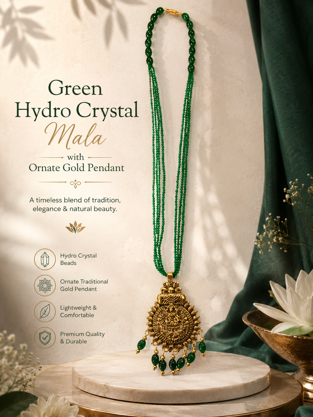 Green Hydro Crystal Mala with Ornate Gold Pendant
