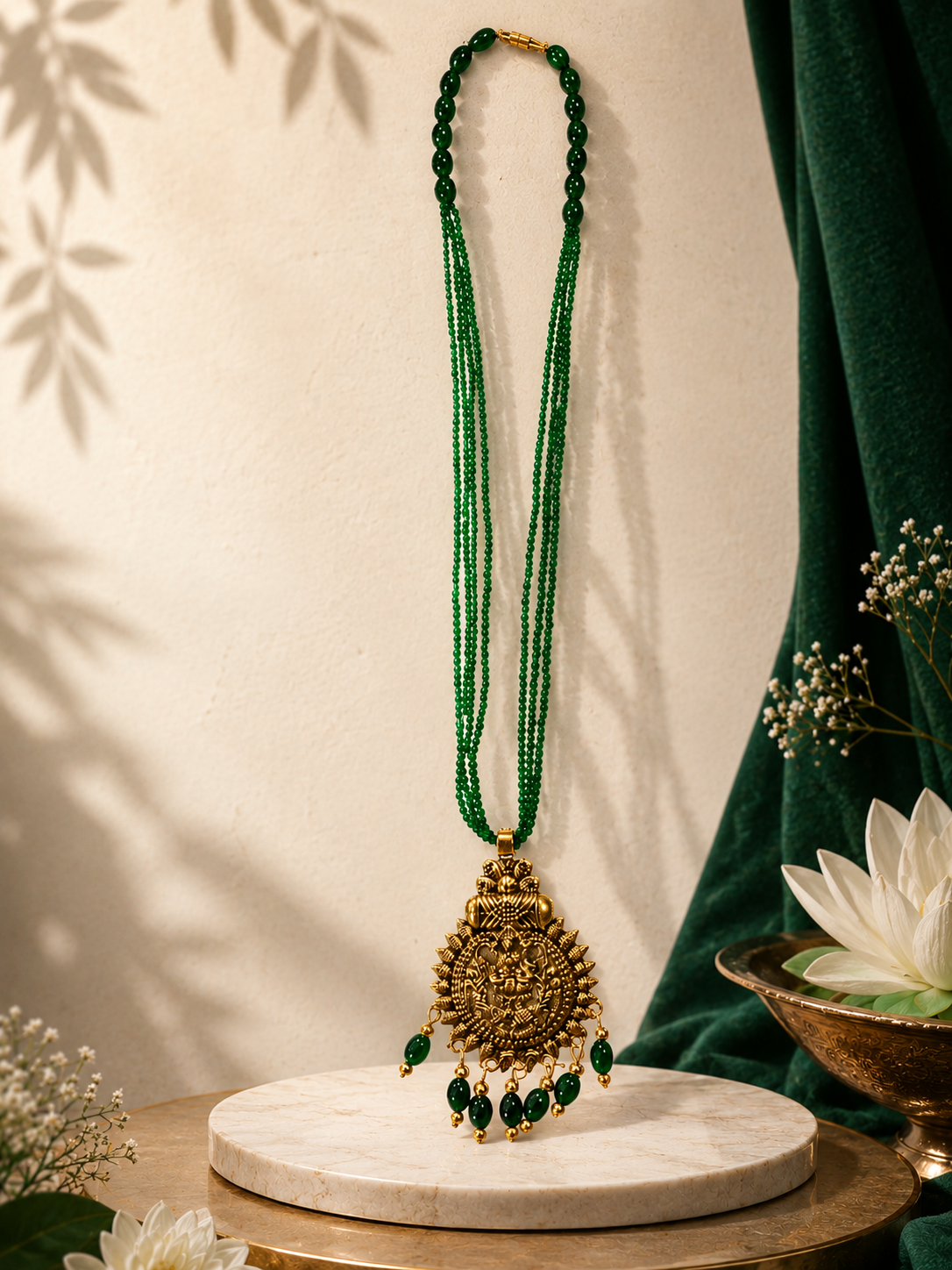 Green Hydro Crystal Mala with Ornate Gold Pendant