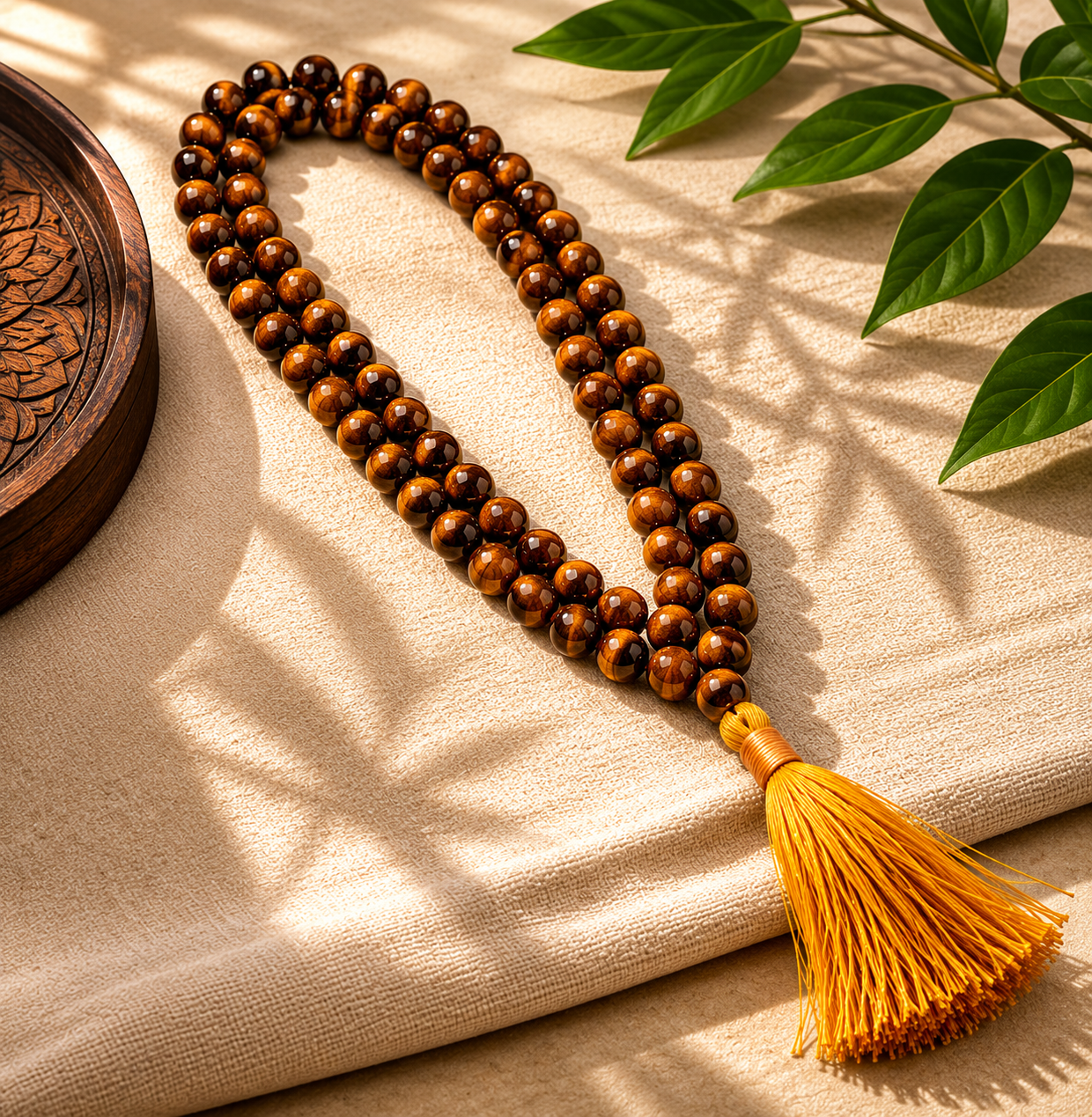 Tiger Eye Stone Mala – Natural Golden Brown Beaded Necklace for Protection, Confidence & Spiritual Balance