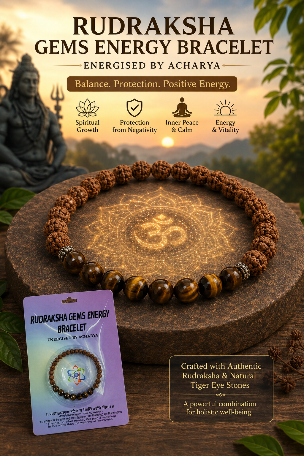 Rudraksha Gems Energy Bracelet – Natural Beads for Protection, Balance & Positive Energy
