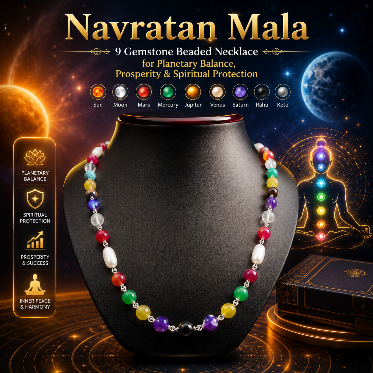 Navratan Mala – 9 Gemstone Beaded Necklace for Planetary Balance, Prosperity & Spiritual Protection