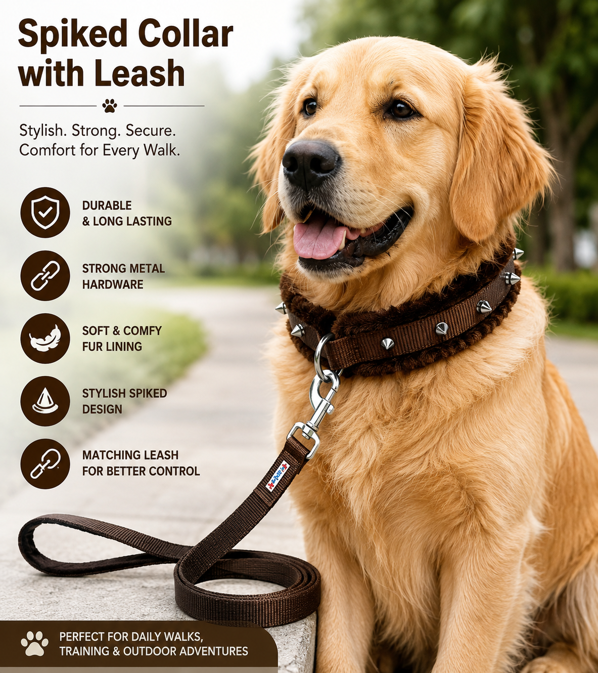 Petshop7 Fur Nylon Dog Collar & Leash With Spike (Medium) Brown