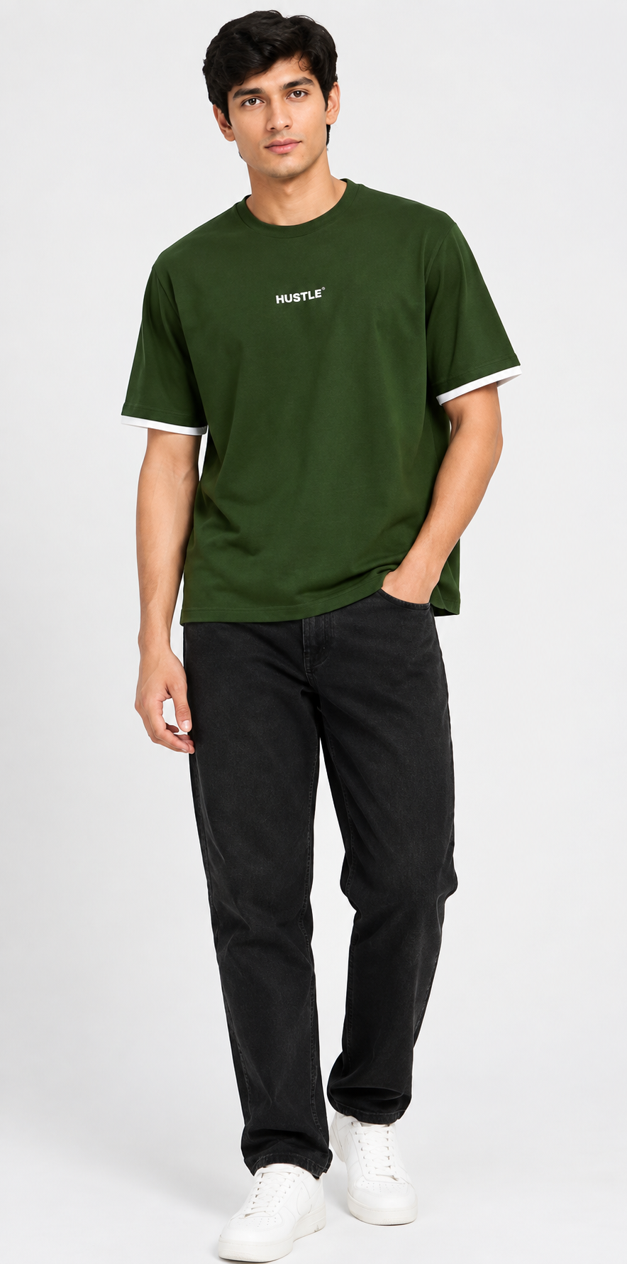HUSTLE Men's Oversized Fit Crew Neck T-Shirt – Dark Olive Green(Oversized fit)