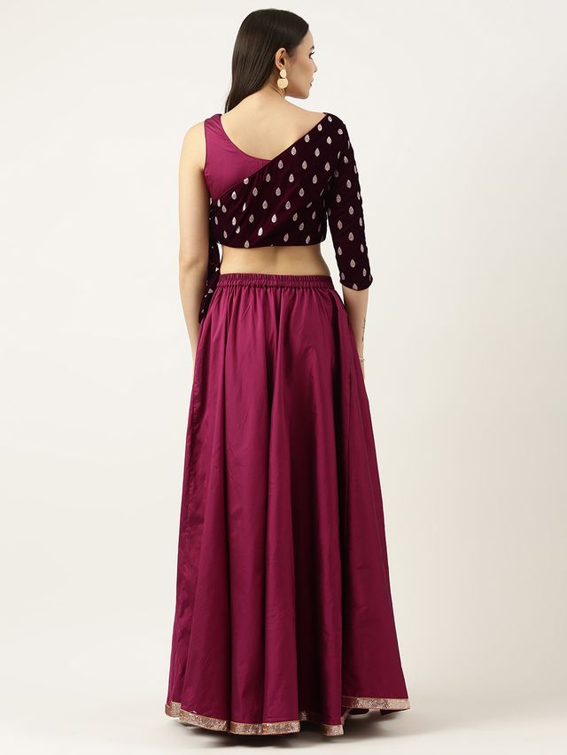 Bollywood Vogue Ready To Wear Magenta Embroidered Velvet Blouse N Silk Skirt Set