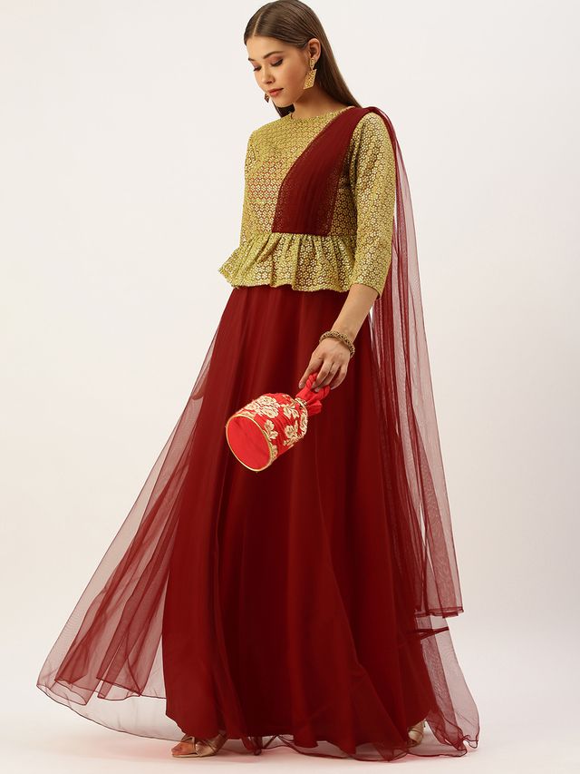Bollywood Vogue Ready To Wear Gold N Red Embroidered Net Layered Gown