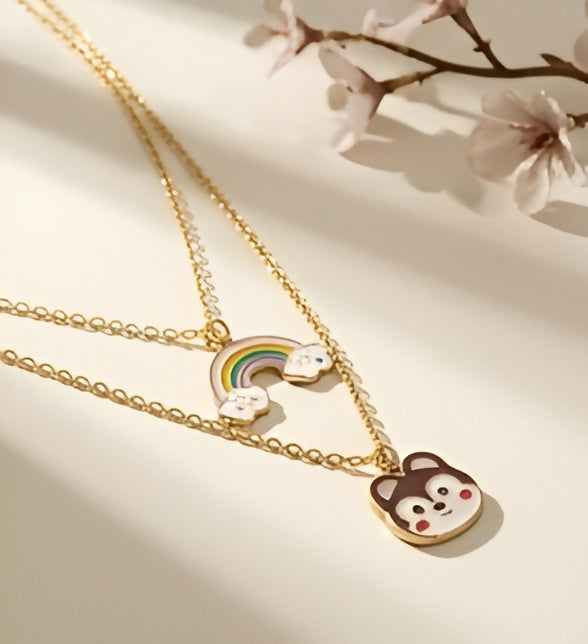 Set of 2 Rainbow & Bear Pendant Necklaces – Gold-Plated Jewelry