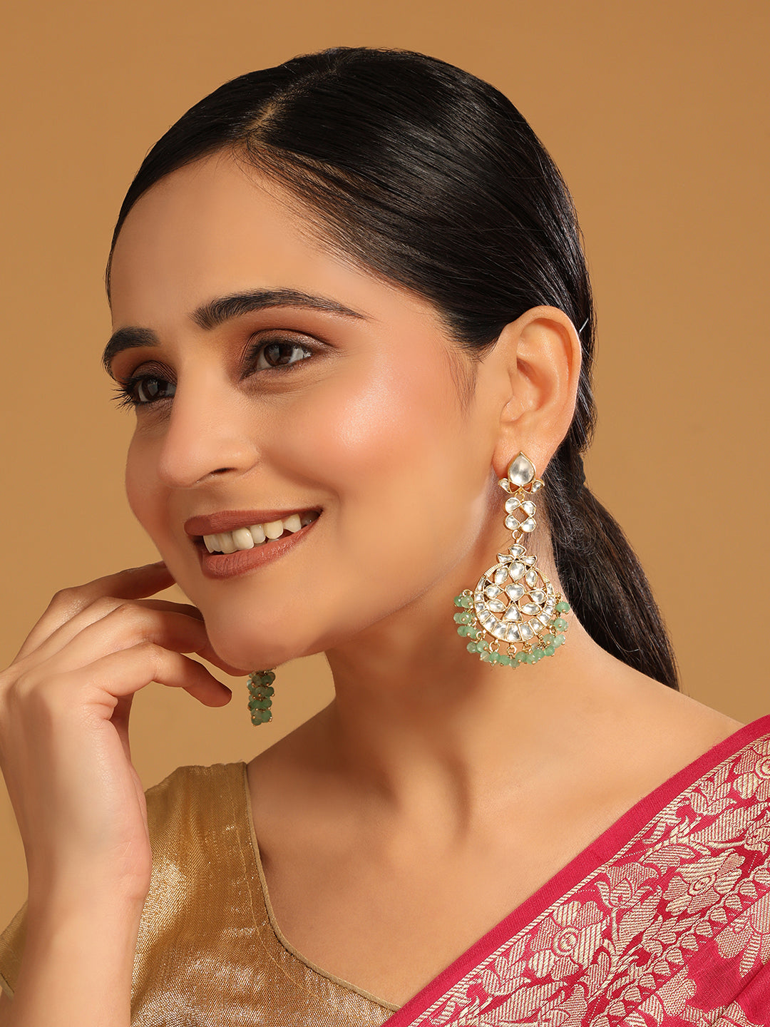 22K Gold Plated Green Kundan Chandbali Earrings