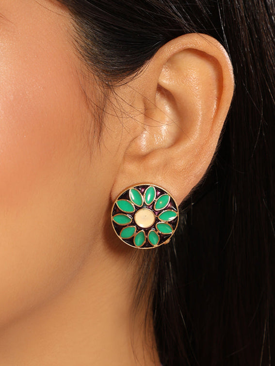 22K Gold Plated Sea Green Enamel Stud Earrings