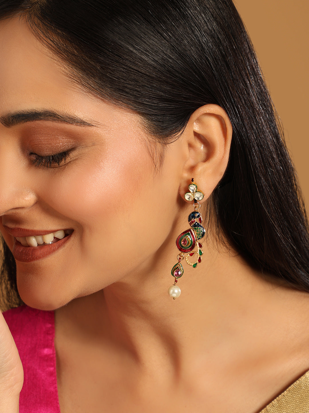 22K Gold Plated Pearl Kundan Studded Peacock Danglers