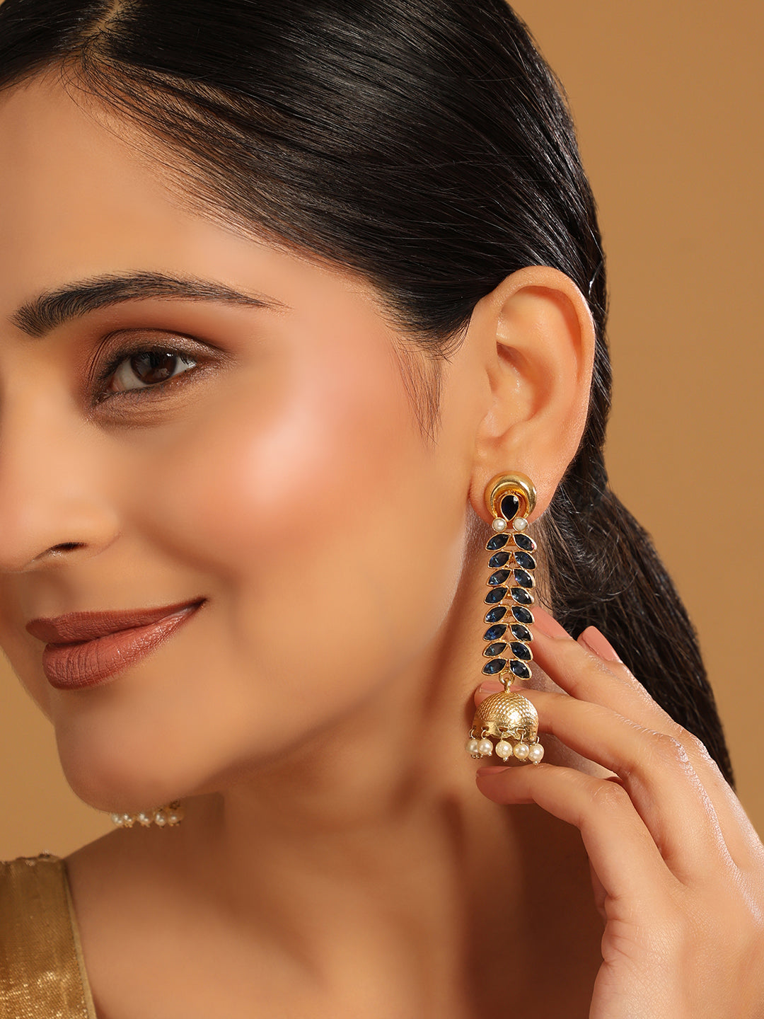 22K Gold-Plated Blue Onyx & Pearl Jhumkas