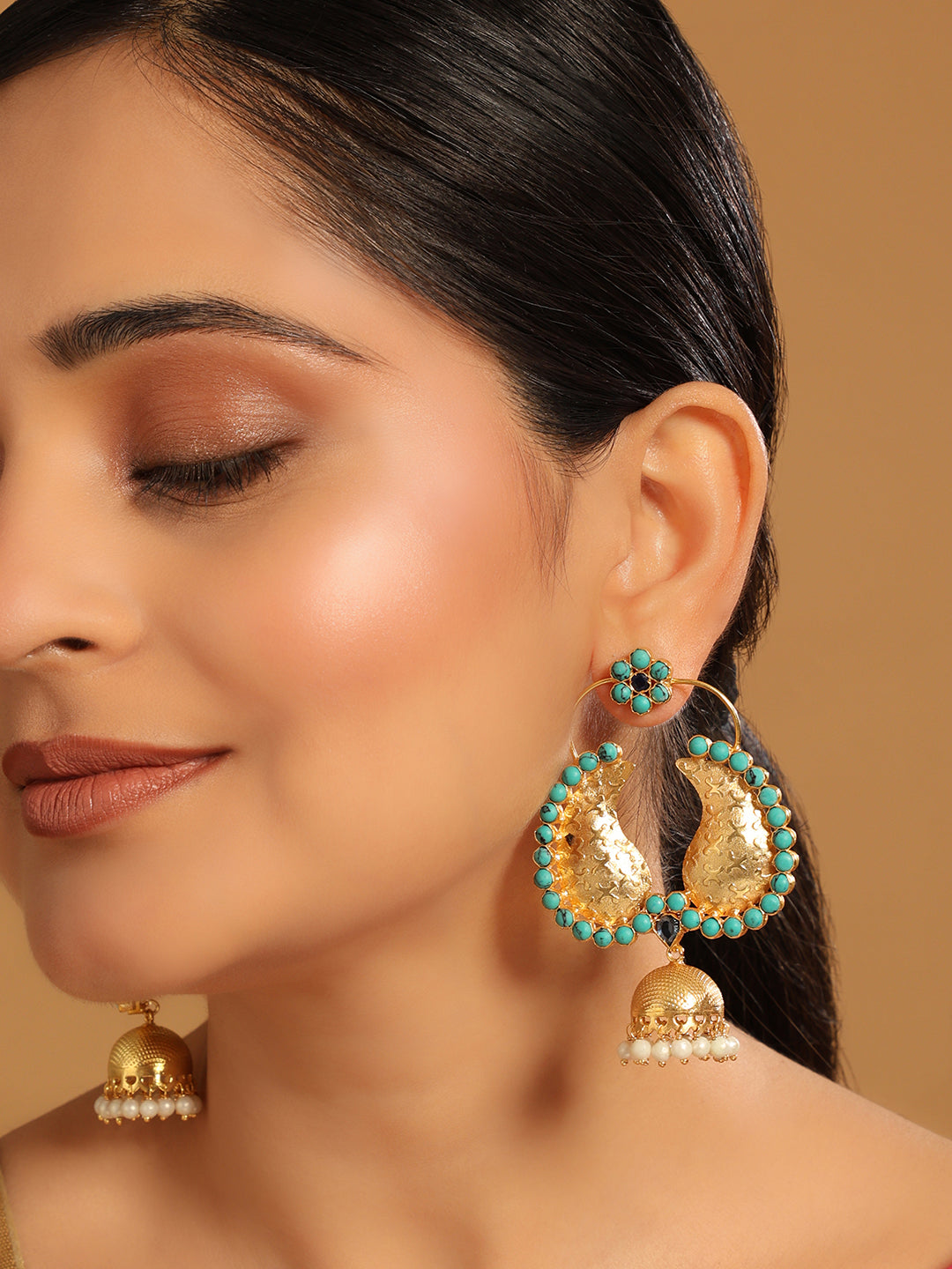 22K Gold Plated Turquoise Jhumki Dangler Earrings
