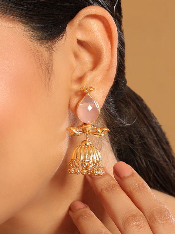 22K Gold Plated Rose Quartz Stone Ethnic Jhumkas
