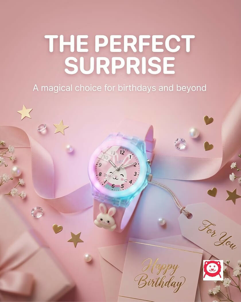 Kids Analog Rabbit Design Watch with Easy-to-Read Numbers & Soft Silicone Strap – Pink