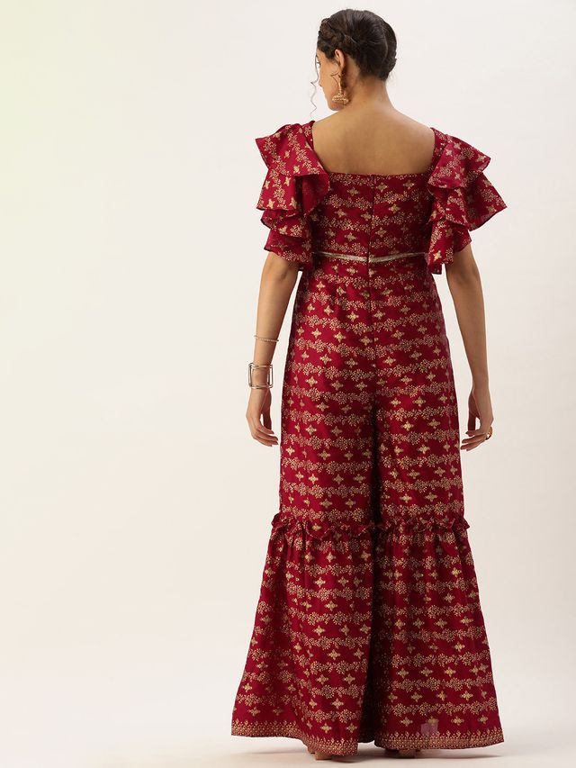 Bollywood Vogue Ready To Wear Maroon Art Silk Foil Print Jumpsuit