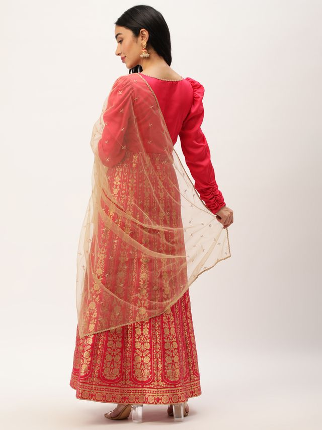 Bollywood Vogue Ready To Wear Pink Taffeta Jacquard Anarkali Set