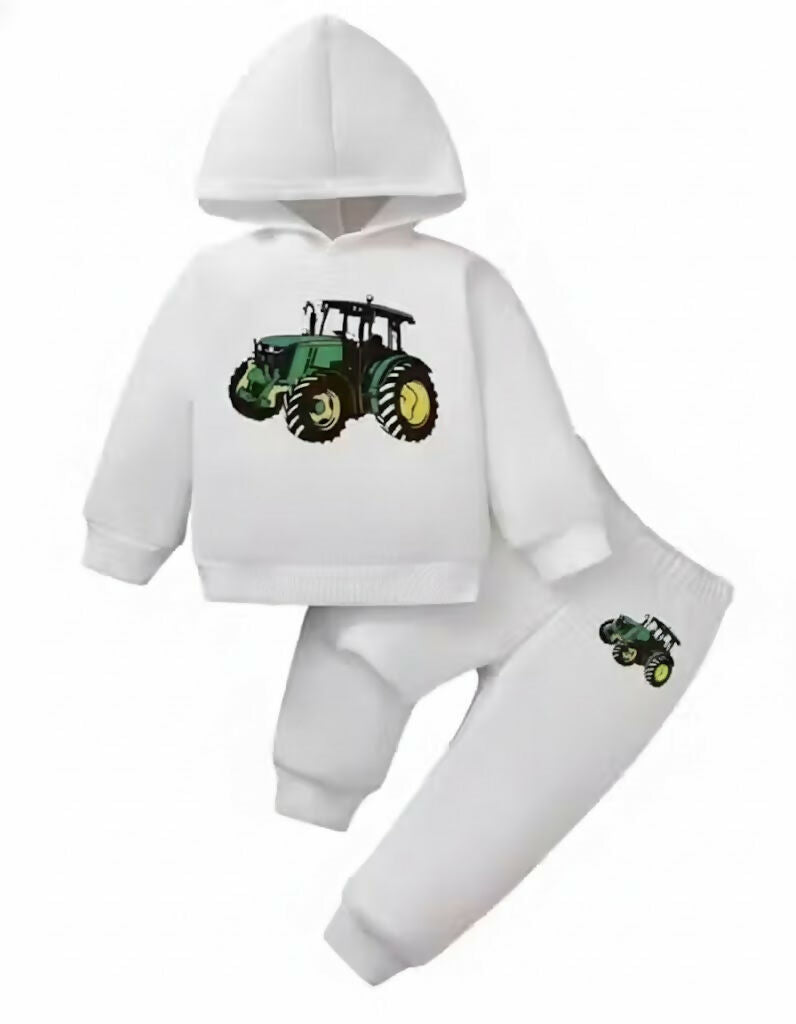 Kids green farming tractor Printed White Cotton Blend Hoodie & Jogger Set Luck Fashion