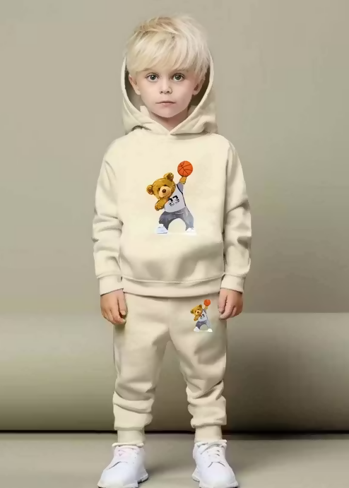 Kids Hooded Sweatshirt & Jogger Set – Basketball Bear Print Casual Wear (Cream) Luck Fashion